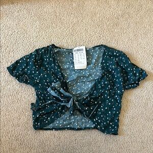 Brand New Brandy Melville Floral Green Tie-Front Top